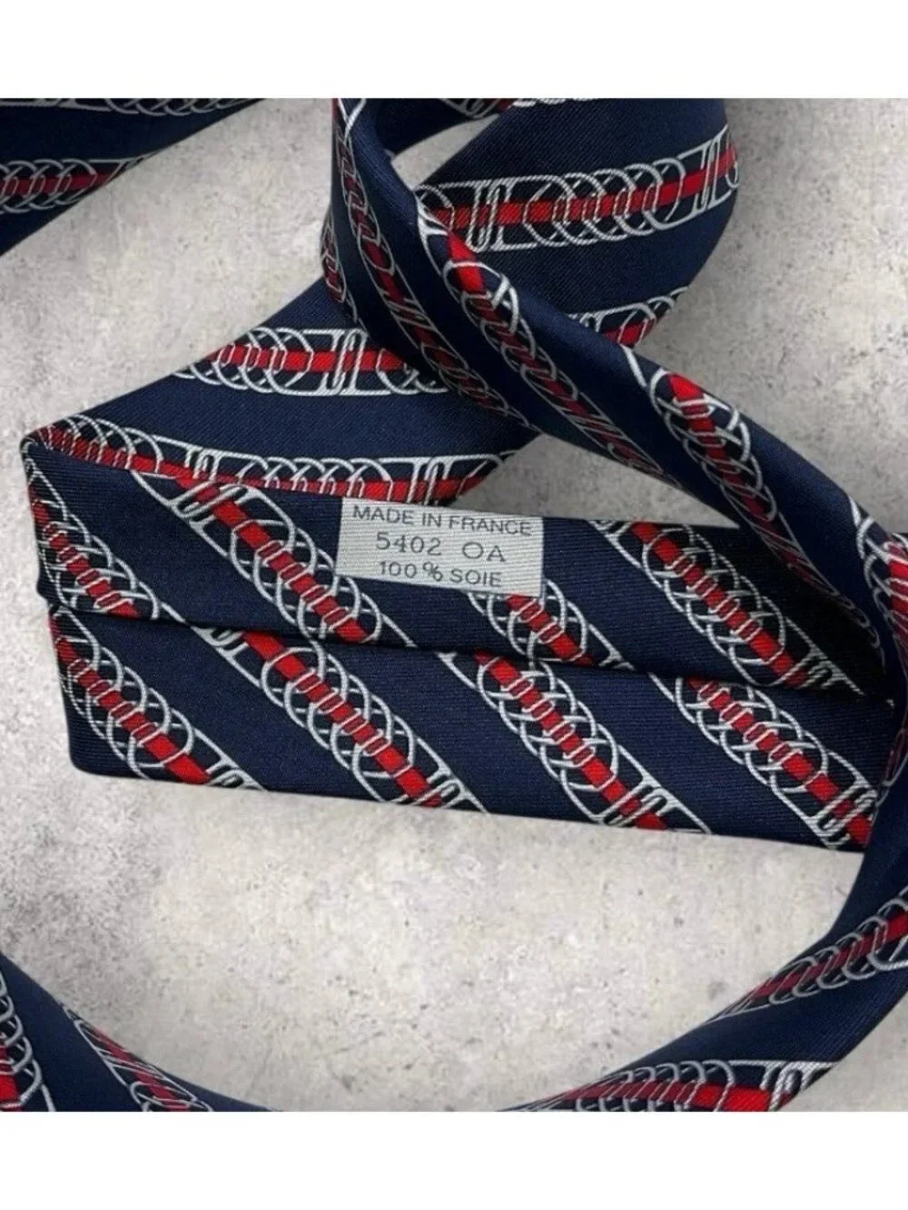 HERMÈS 5402 OA Silk Tie FRANCE Navy Red White Striped Chain W:3.7" EUC - Picture 3 of 6